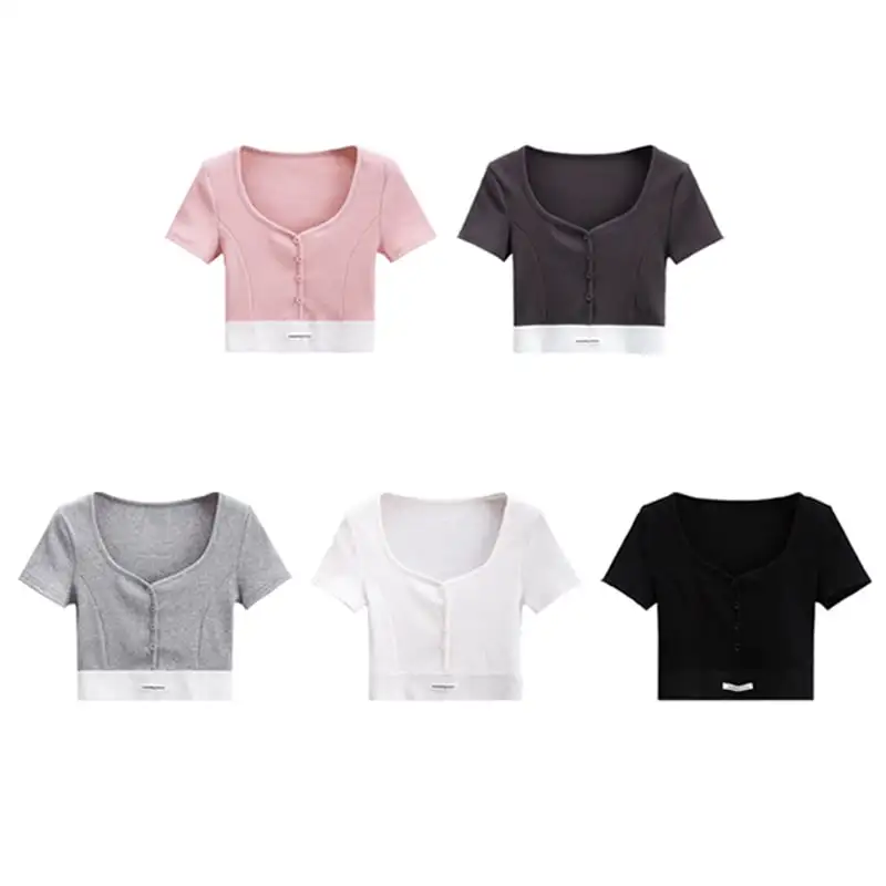 トップス Tシャツ スポーツウェア セクシー 切り替え スクエアネック シュート丈 ホワイト ブラック ピンク グレー ダークグレー