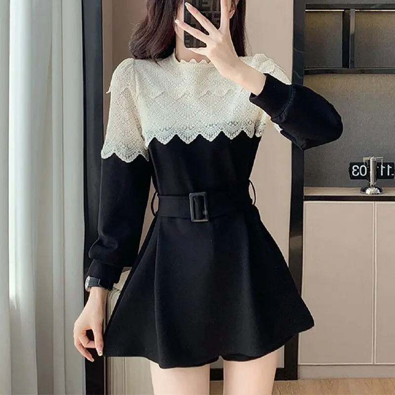 トップス パーカー レース OL/通勤 ベルト付き Aライン 長袖 切り替え 大きいサイズ ブラック