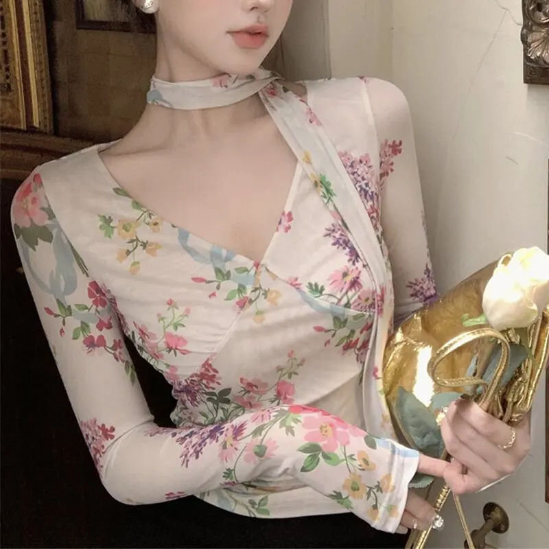 トップス Tシャツ オシャレ 長袖 花柄 レトロ セクシー Vネック