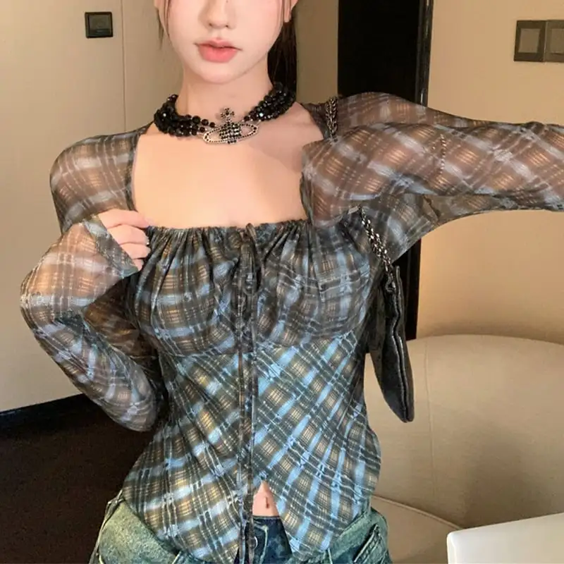 トップス Tシャツ セクシー レトロ 長袖 チェック柄 チュール素材 ブルー
