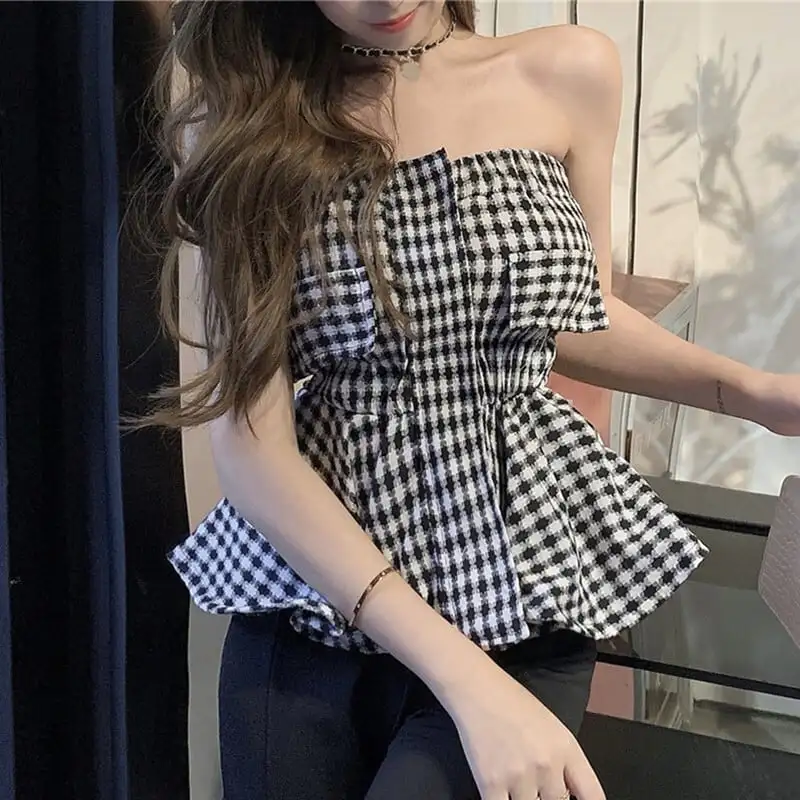 トップス キャミソール セクシー チェック柄 ペプラム