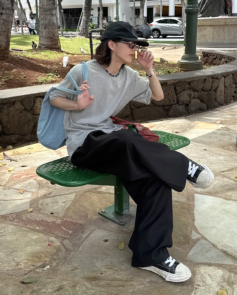 バックフェイクポケットタックワイドスラックス
