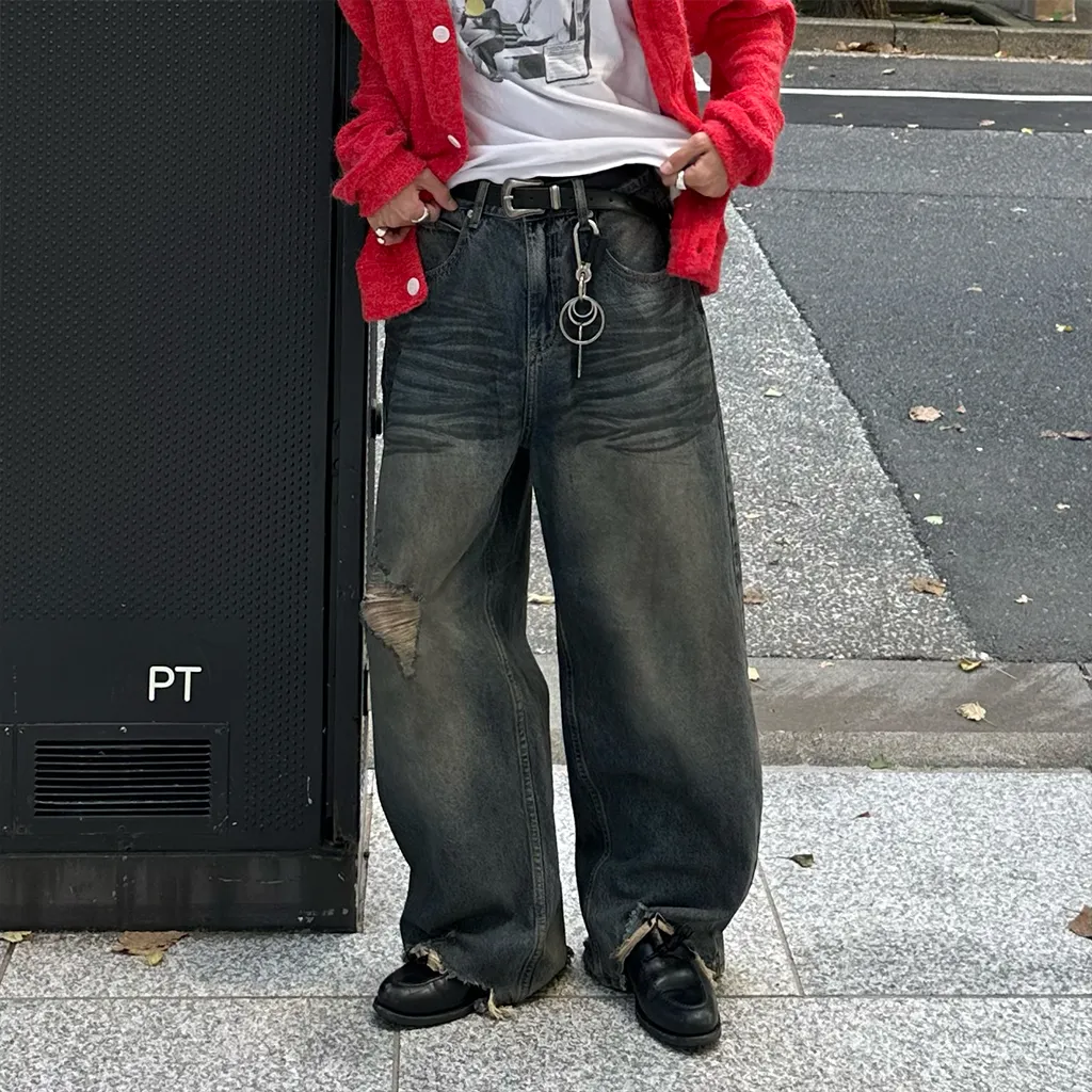 (ユニセックス) ヴィンテージダメージポイントデニムパンツ