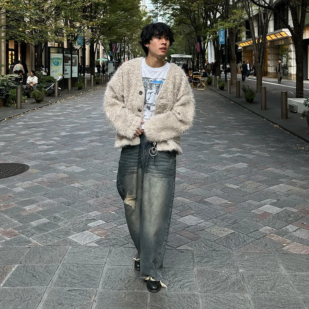(ユニセックス) ヴィンテージダメージポイントデニムパンツ
