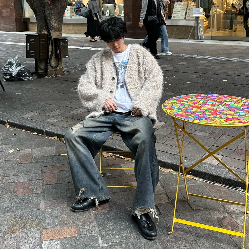 (ユニセックス) ヴィンテージダメージポイントデニムパンツ