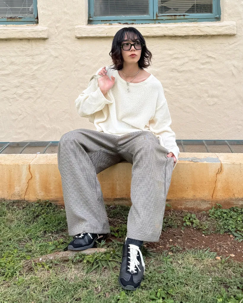 (ユニセックス)ハウンズトゥースチェック ワイドパンツ