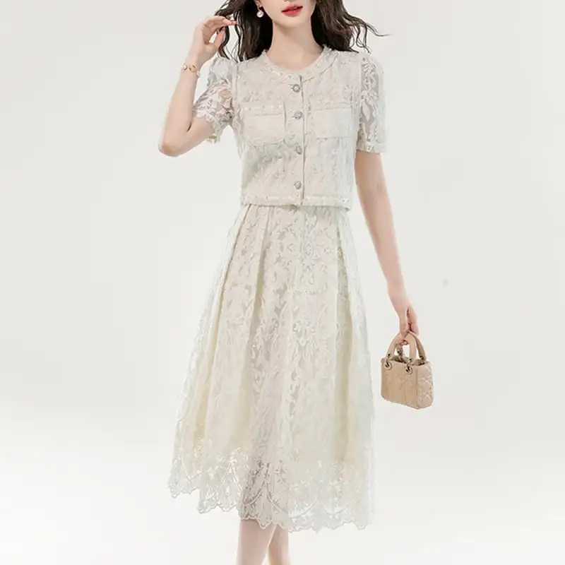 セットアップ トップス+スカート レース エレガント デート ベージュ