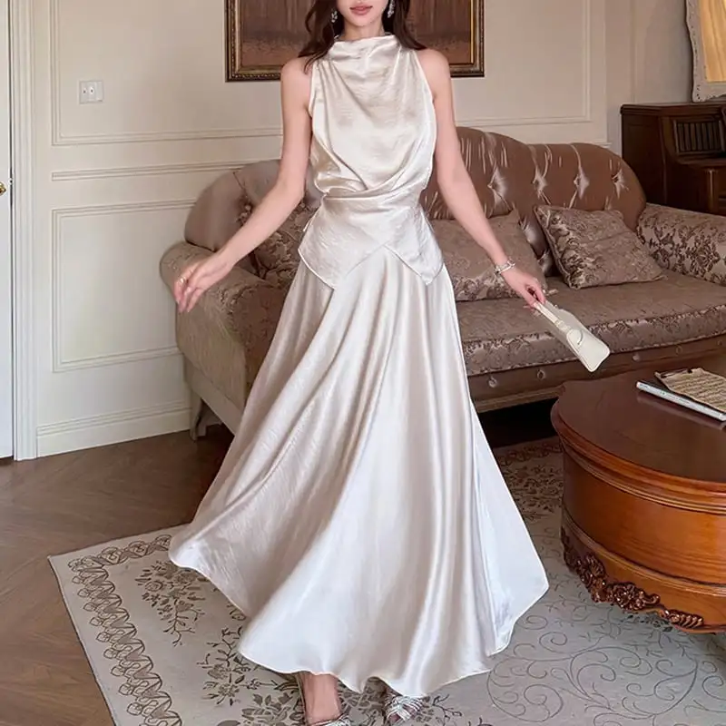 セットアップ トップス+スカート ノースリーブ フェミニン 無地 ベージュ