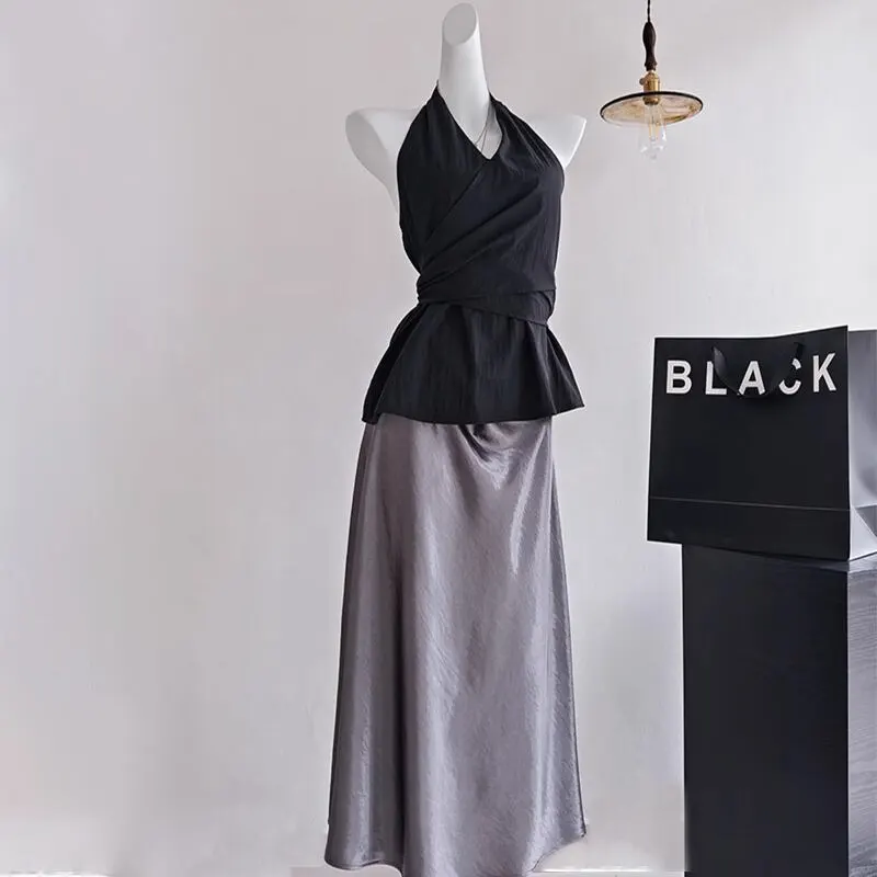 セットアップ トップス+スカート ノースリーブ バックレス レトロ S M L XL