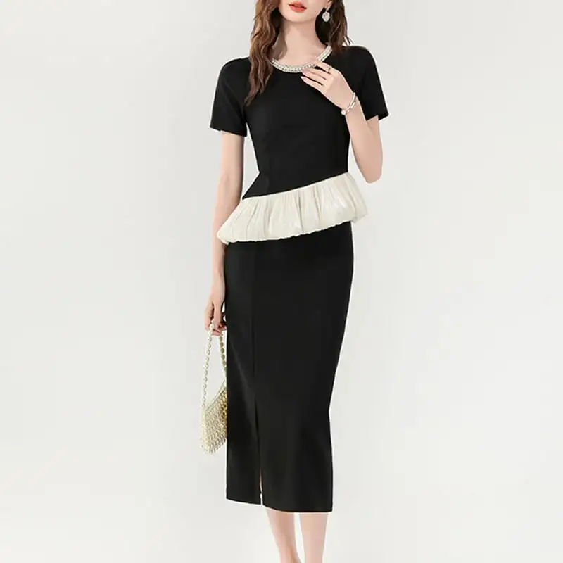 セットアップ トップス+スカート スリット 気質満点 半袖 ブラック