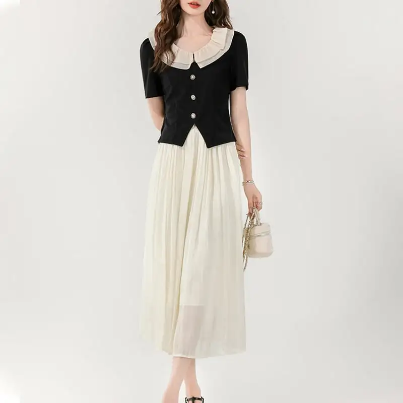 セットアップ トップス+スカート エレガント 折り襟デザイン 半袖 ブラック+ベージュ