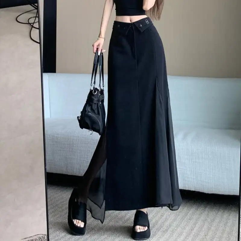 ボトムス ロングスカート 捲りアップ ハイウエスト メッシュ ブラック