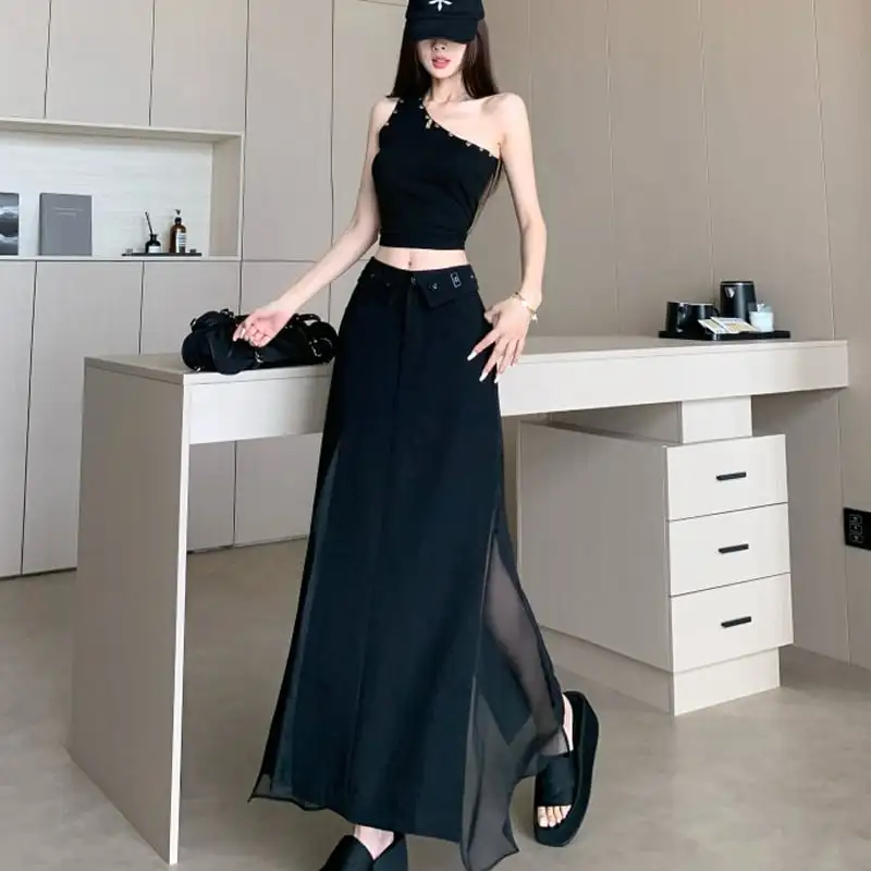 ボトムス ロングスカート 捲りアップ ハイウエスト メッシュ ブラック