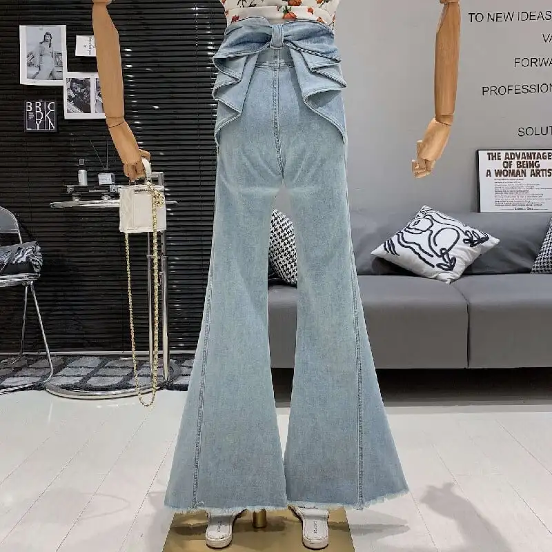 ボトムス デニムパンツ フリンジ加工 スリム ハイウエス ヴィンテージ風 フレアパンツ ブルー