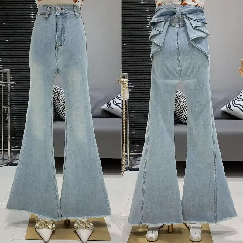 ボトムス デニムパンツ フリンジ加工 スリム ハイウエス ヴィンテージ風 フレアパンツ ブルー