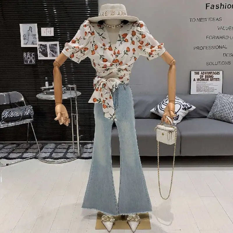 ボトムス デニムパンツ フリンジ加工 スリム ハイウエス ヴィンテージ風 フレアパンツ ブルー