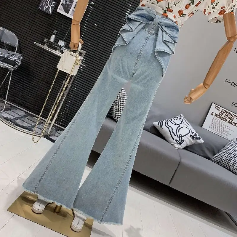 ボトムス デニムパンツ フリンジ加工 スリム ハイウエス ヴィンテージ風 フレアパンツ ブルー