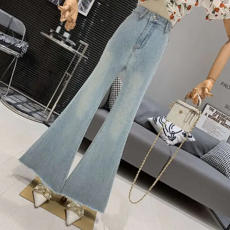 ボトムス デニムパンツ フリンジ加工 スリム ハイウエス ヴィンテージ風 フレアパンツ ブルー