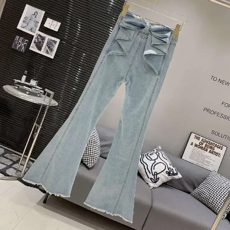 ボトムス デニムパンツ フリンジ加工 スリム ハイウエス ヴィンテージ風 フレアパンツ ブルー