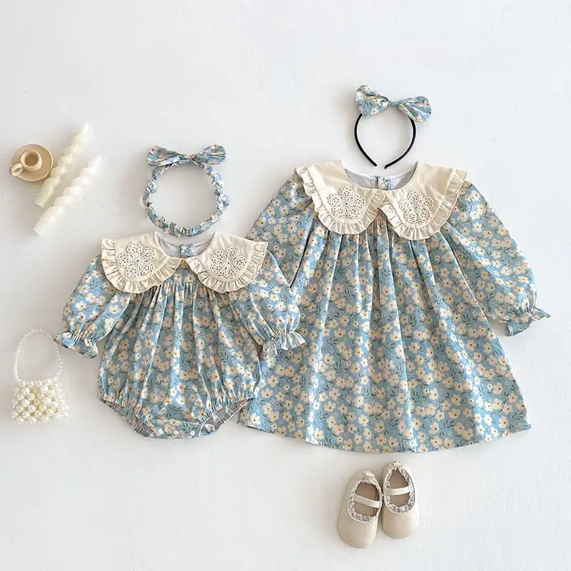 【66-130cm】姉妹服フラワー柄ブルーロンパース、ワンピース