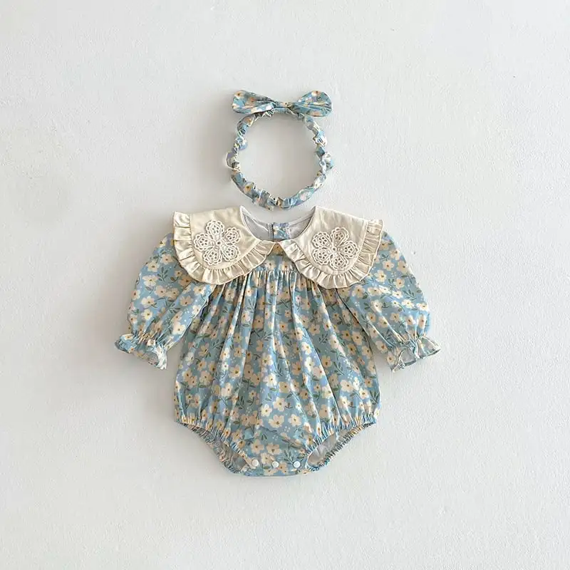 【66-130cm】姉妹服フラワー柄ブルーロンパース、ワンピース