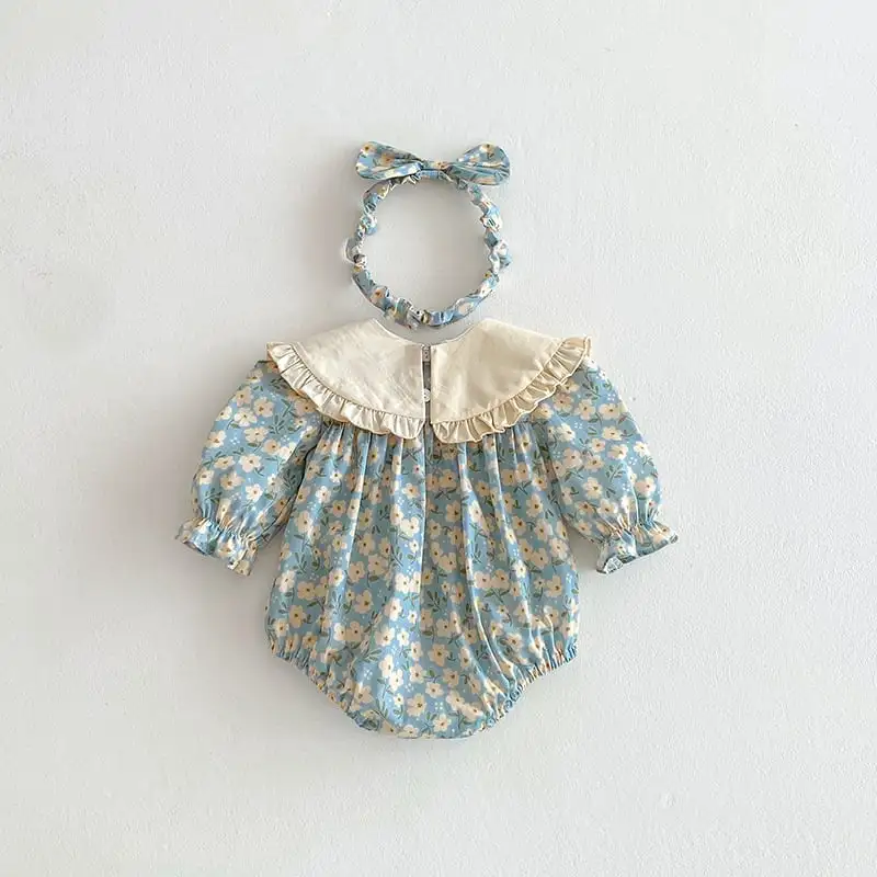 【66-130cm】姉妹服フラワー柄ブルーロンパース、ワンピース