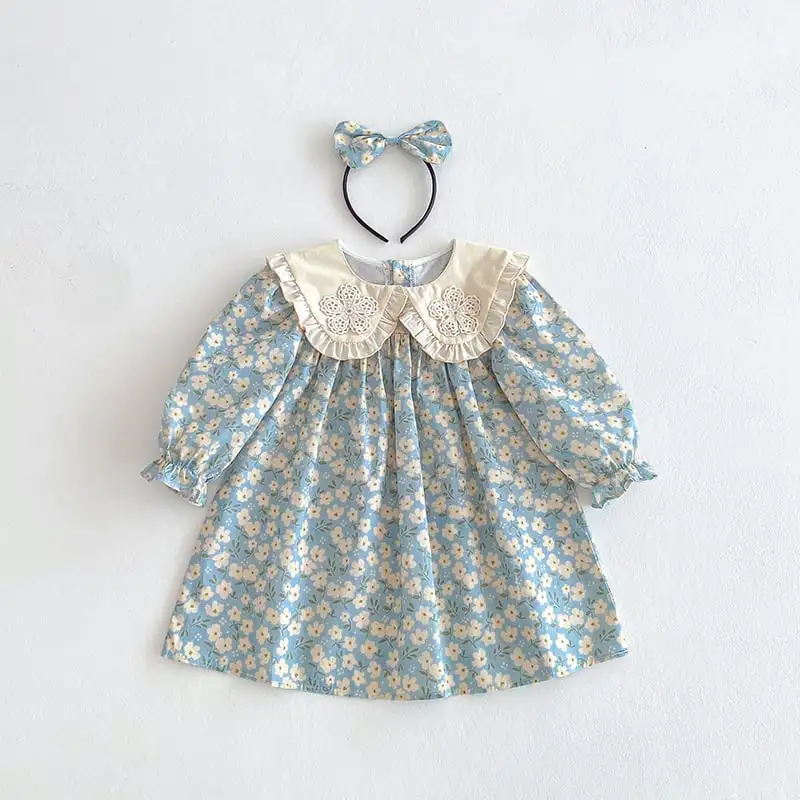 【66-130cm】姉妹服フラワー柄ブルーロンパース、ワンピース