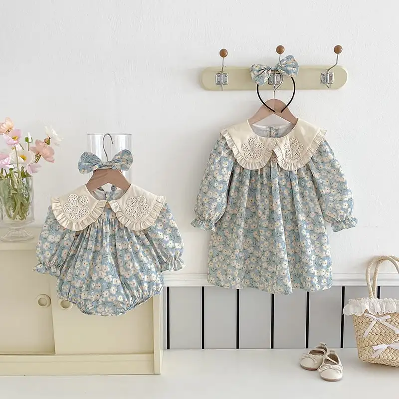 【66-130cm】姉妹服フラワー柄ブルーロンパース、ワンピース