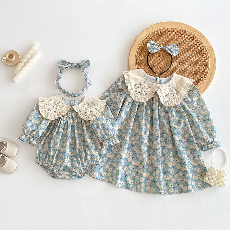 【66-130cm】姉妹服フラワー柄ブルーロンパース、ワンピース