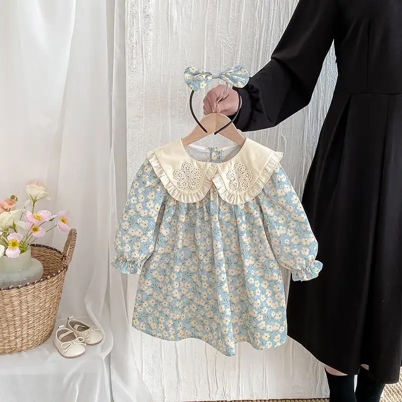 【66-130cm】姉妹服フラワー柄ブルーロンパース、ワンピース