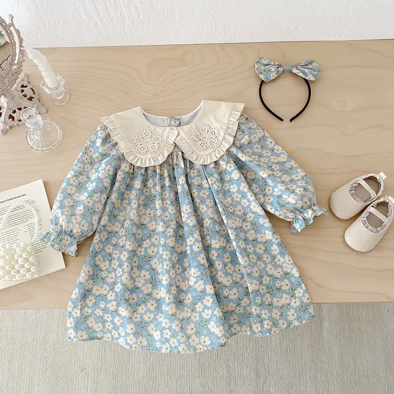 【66-130cm】姉妹服フラワー柄ブルーロンパース、ワンピース