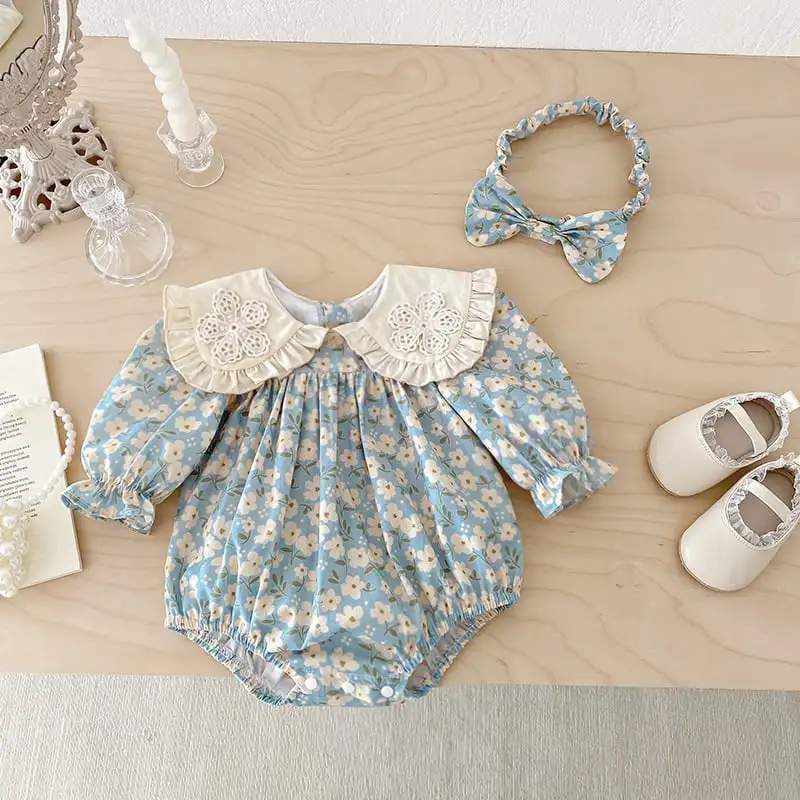 【66-130cm】姉妹服フラワー柄ブルーロンパース、ワンピース