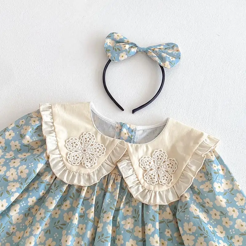 【66-130cm】姉妹服フラワー柄ブルーロンパース、ワンピース