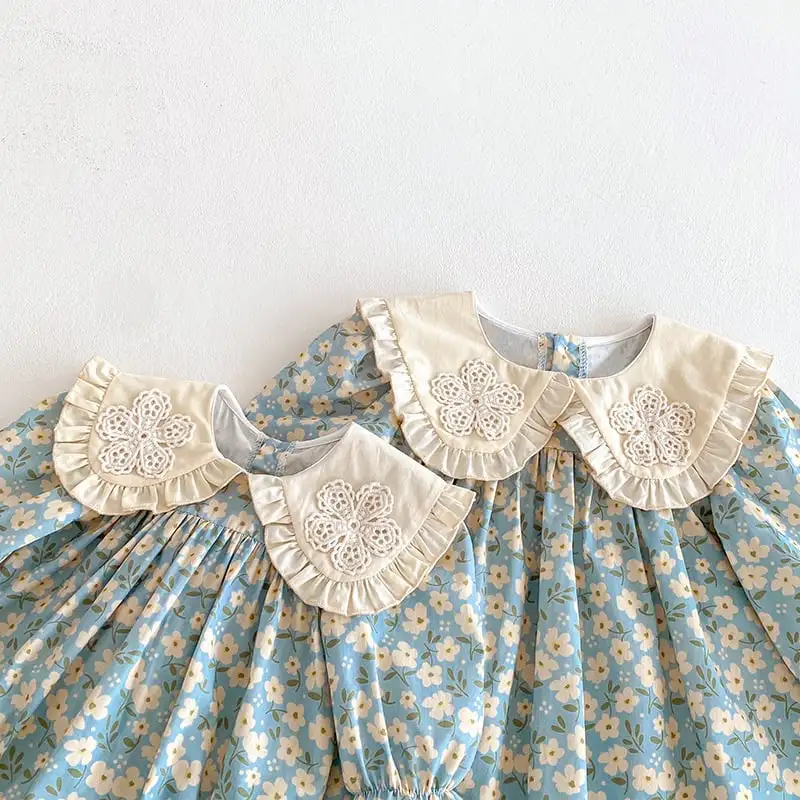 【66-130cm】姉妹服フラワー柄ブルーロンパース、ワンピース