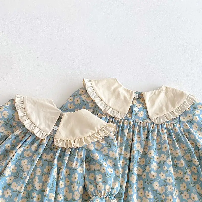 【66-130cm】姉妹服フラワー柄ブルーロンパース、ワンピース