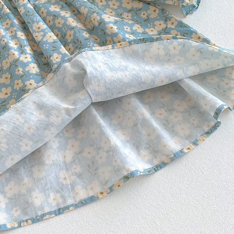 【66-130cm】姉妹服フラワー柄ブルーロンパース、ワンピース