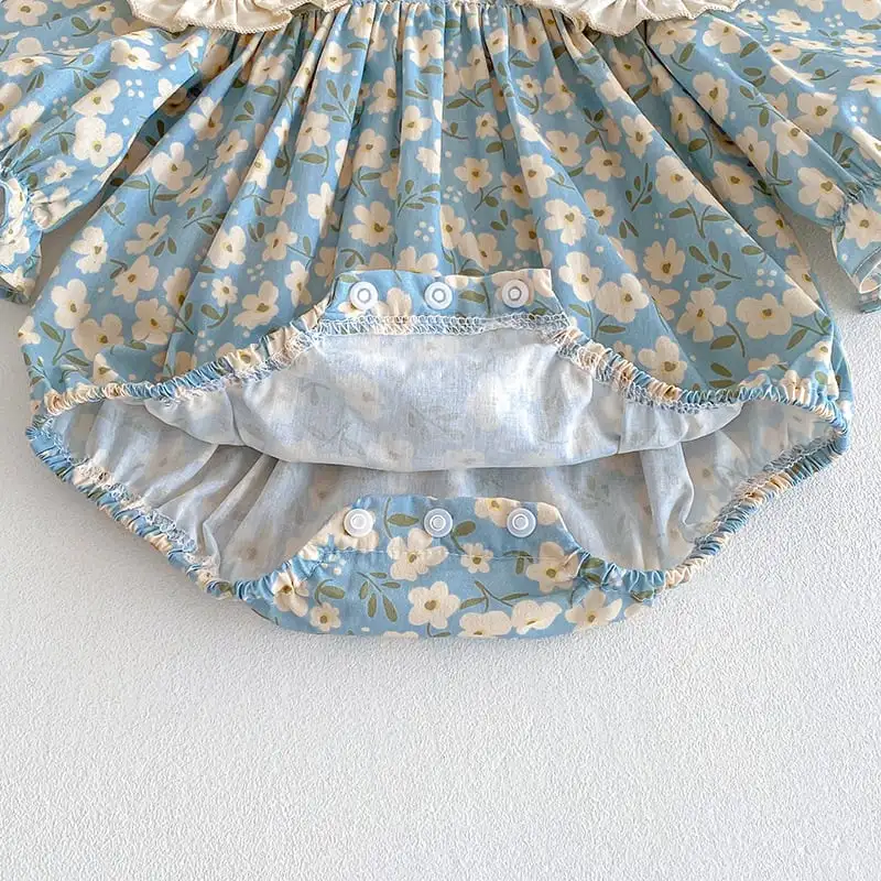 【66-130cm】姉妹服フラワー柄ブルーロンパース、ワンピース