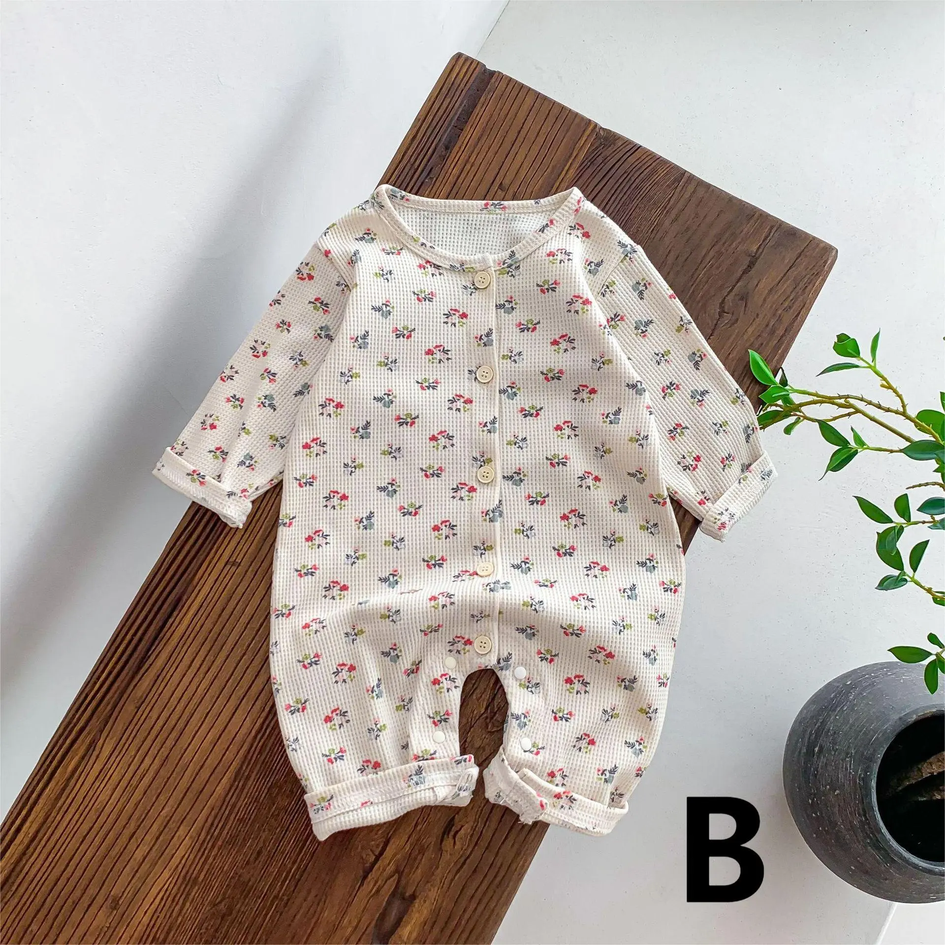 【66-90cm】ワッフル ナチュラル 長袖ロンパース