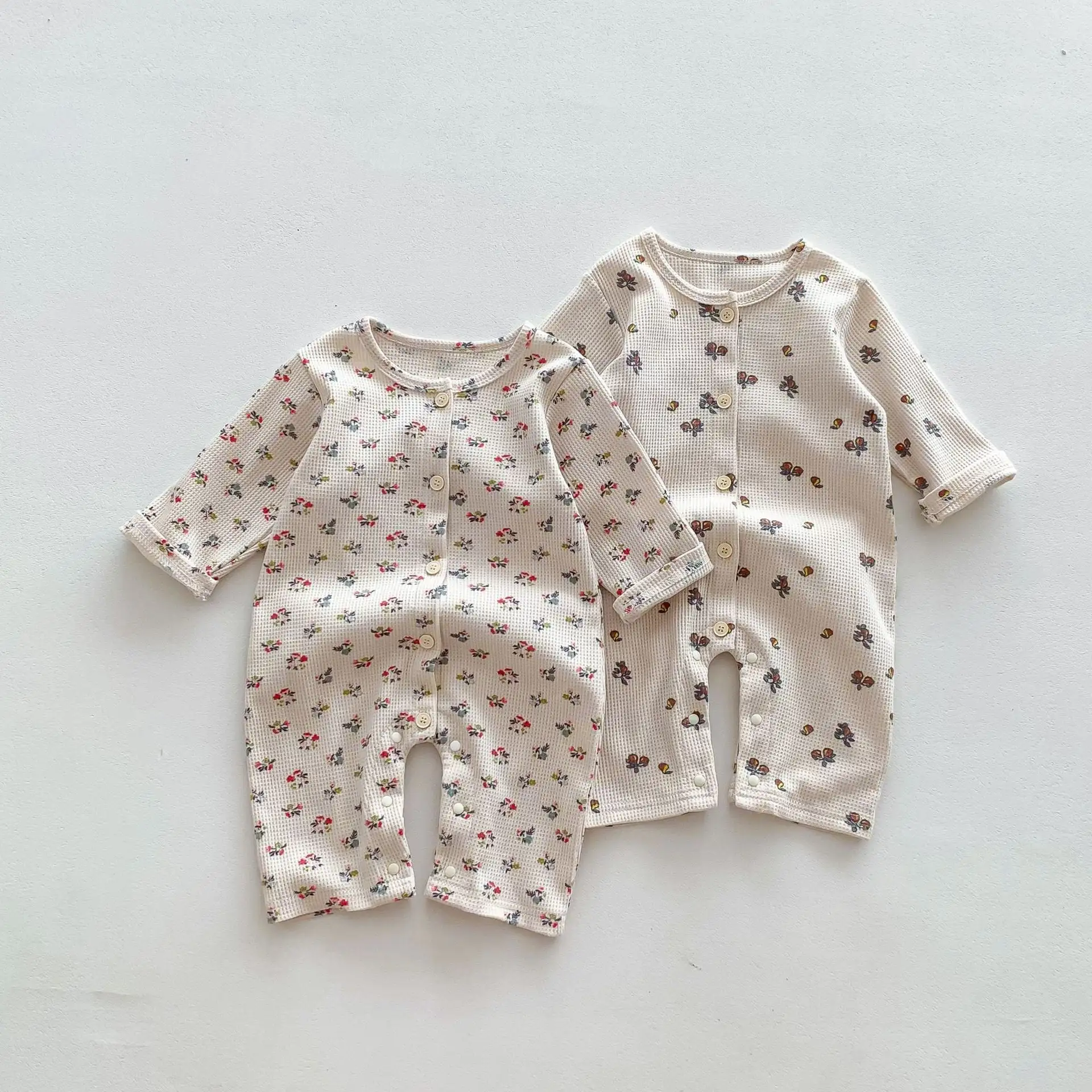 【66-90cm】ワッフル ナチュラル 長袖ロンパース