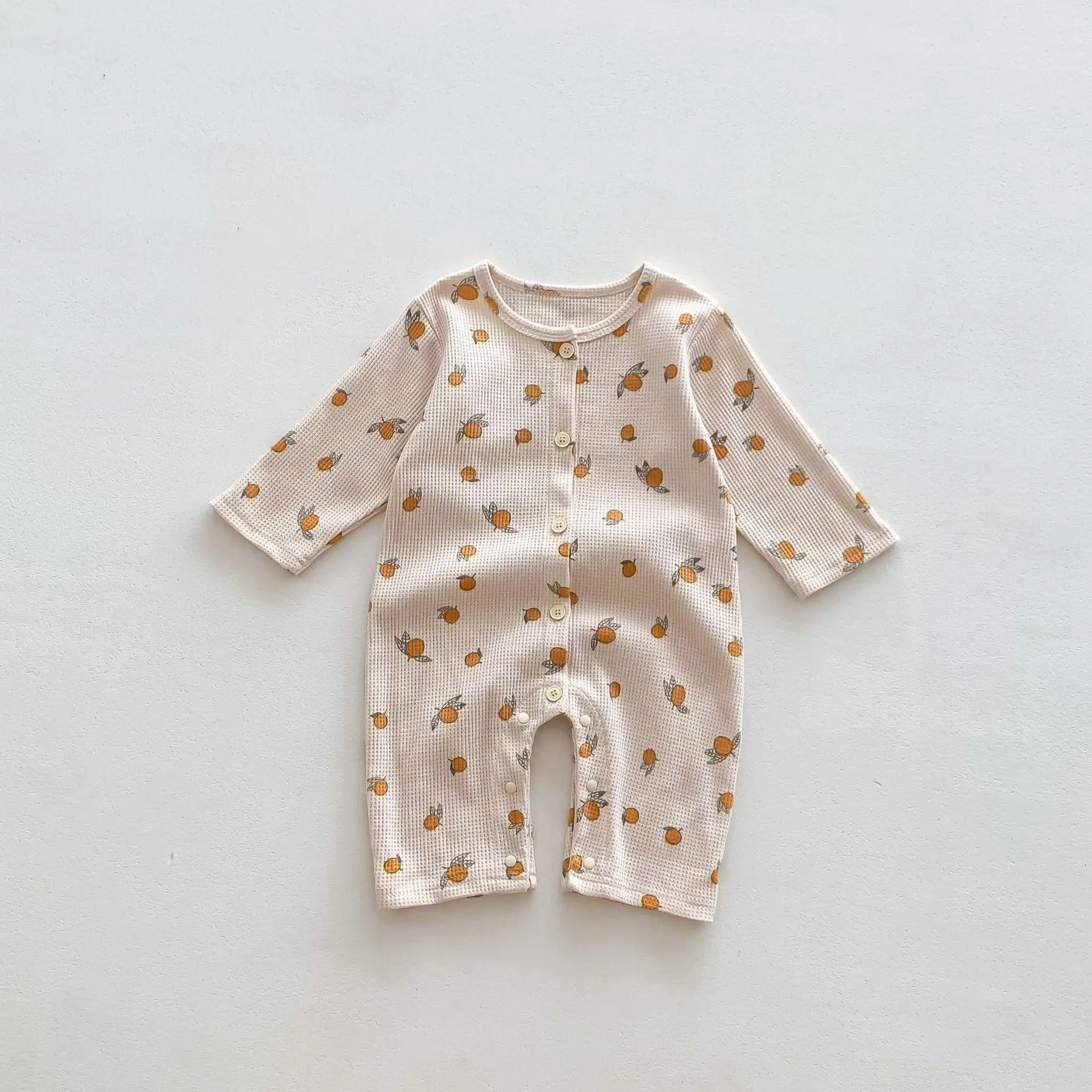 【66-90cm】ワッフル ナチュラル 長袖ロンパース