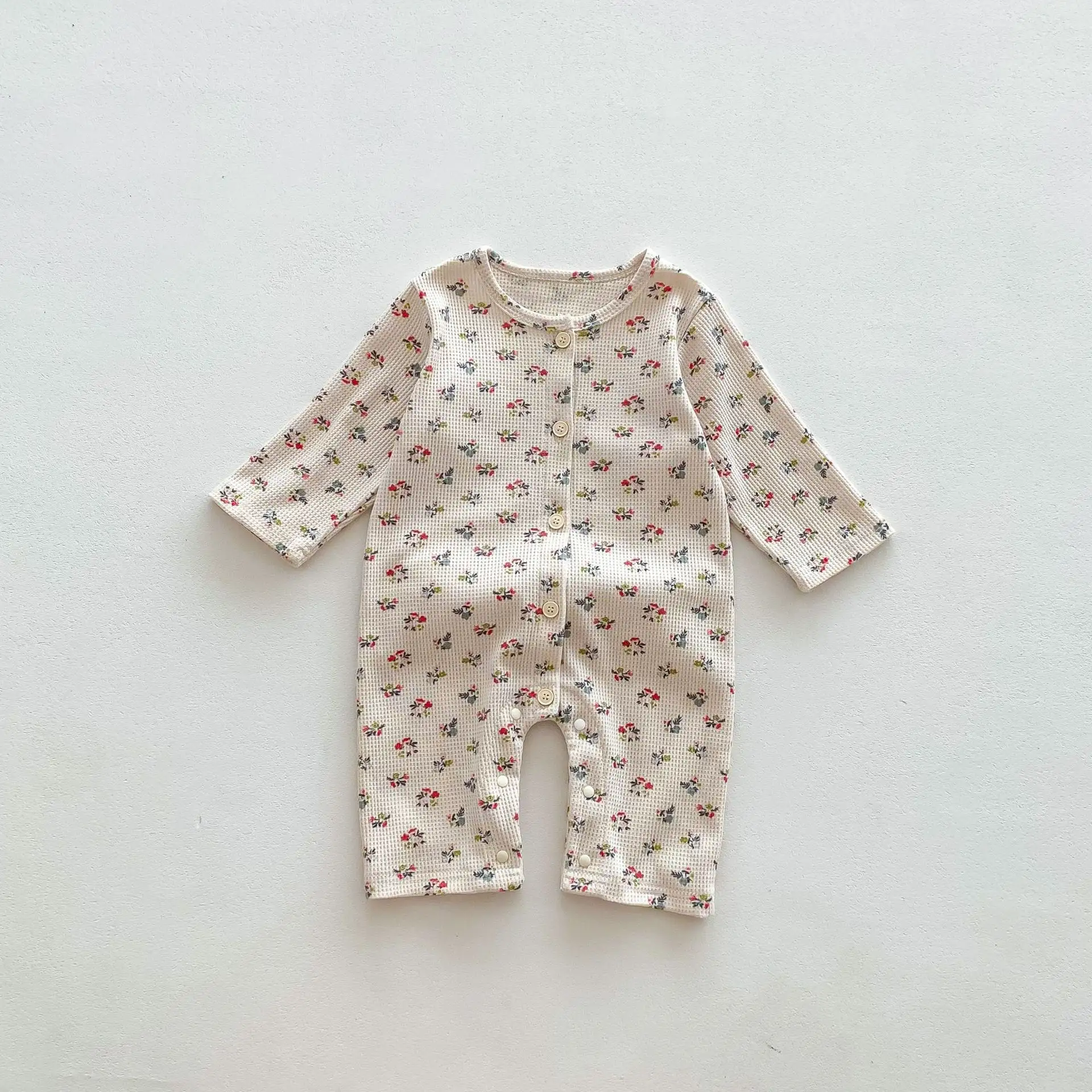 【66-90cm】ワッフル ナチュラル 長袖ロンパース
