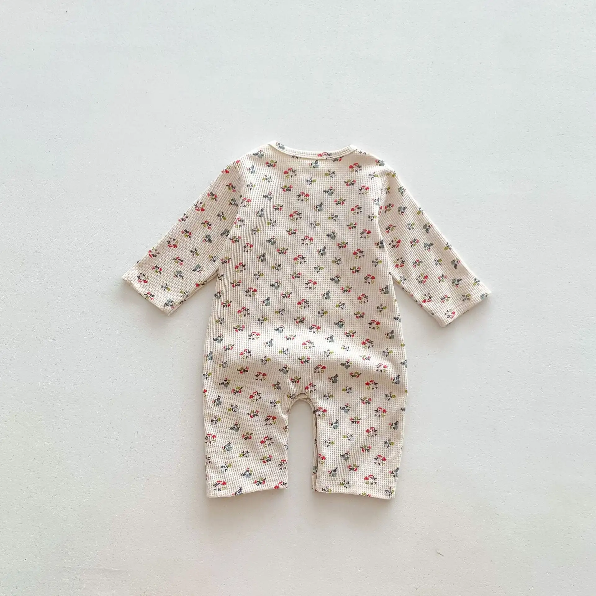 【66-90cm】ワッフル ナチュラル 長袖ロンパース