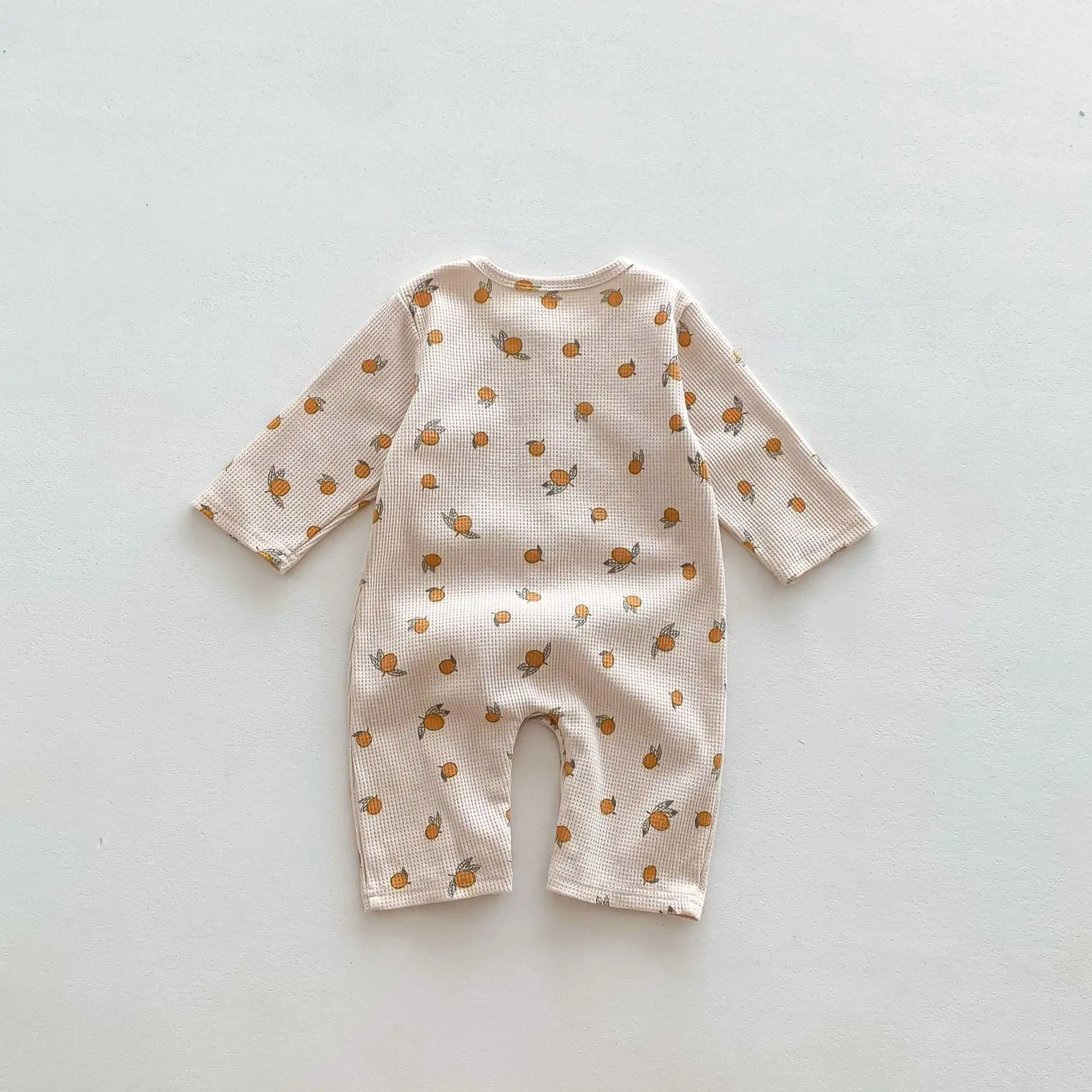 【66-90cm】ワッフル ナチュラル 長袖ロンパース