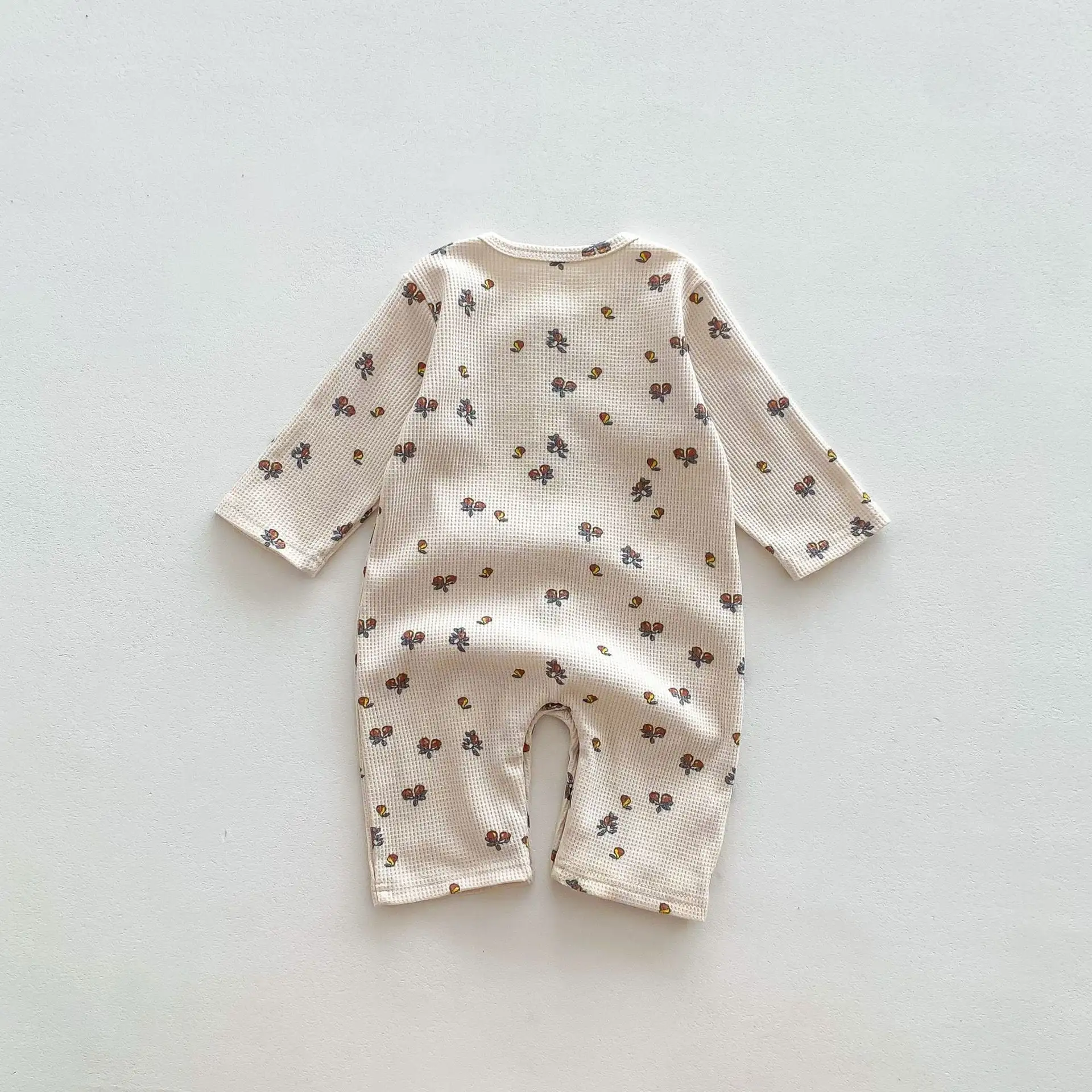 【66-90cm】ワッフル ナチュラル 長袖ロンパース