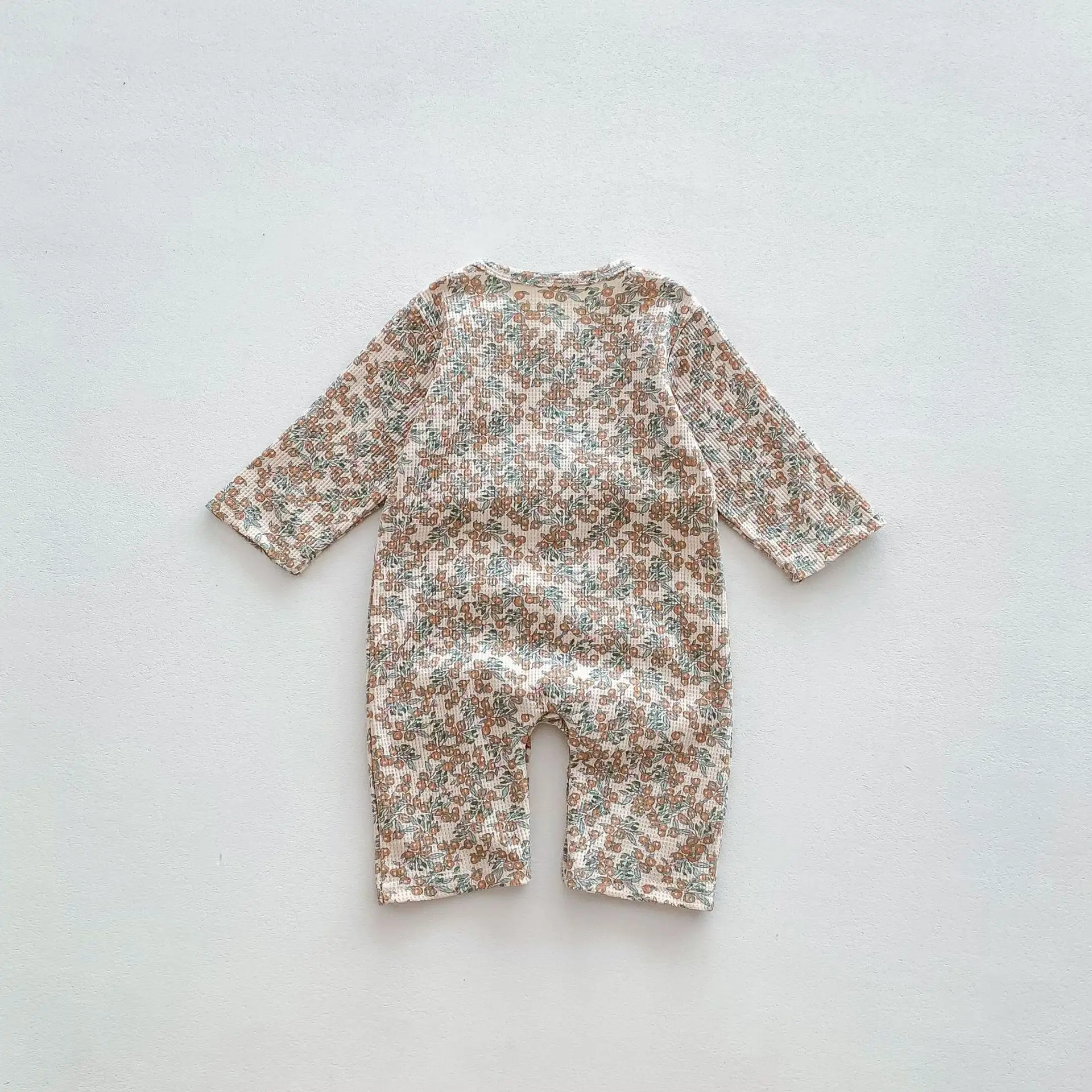 【66-90cm】ワッフル ナチュラル 長袖ロンパース