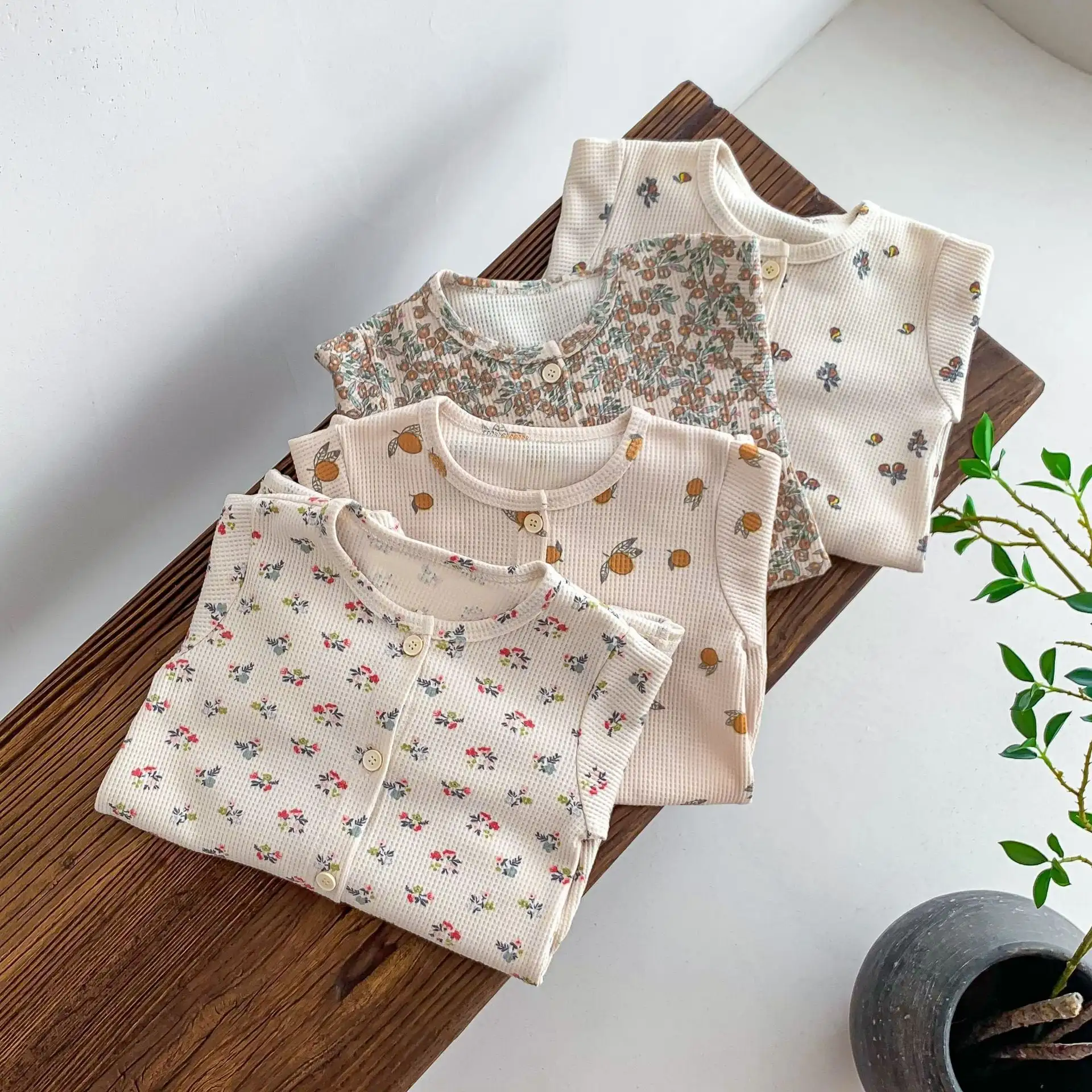 【66-90cm】ワッフル ナチュラル 長袖ロンパース