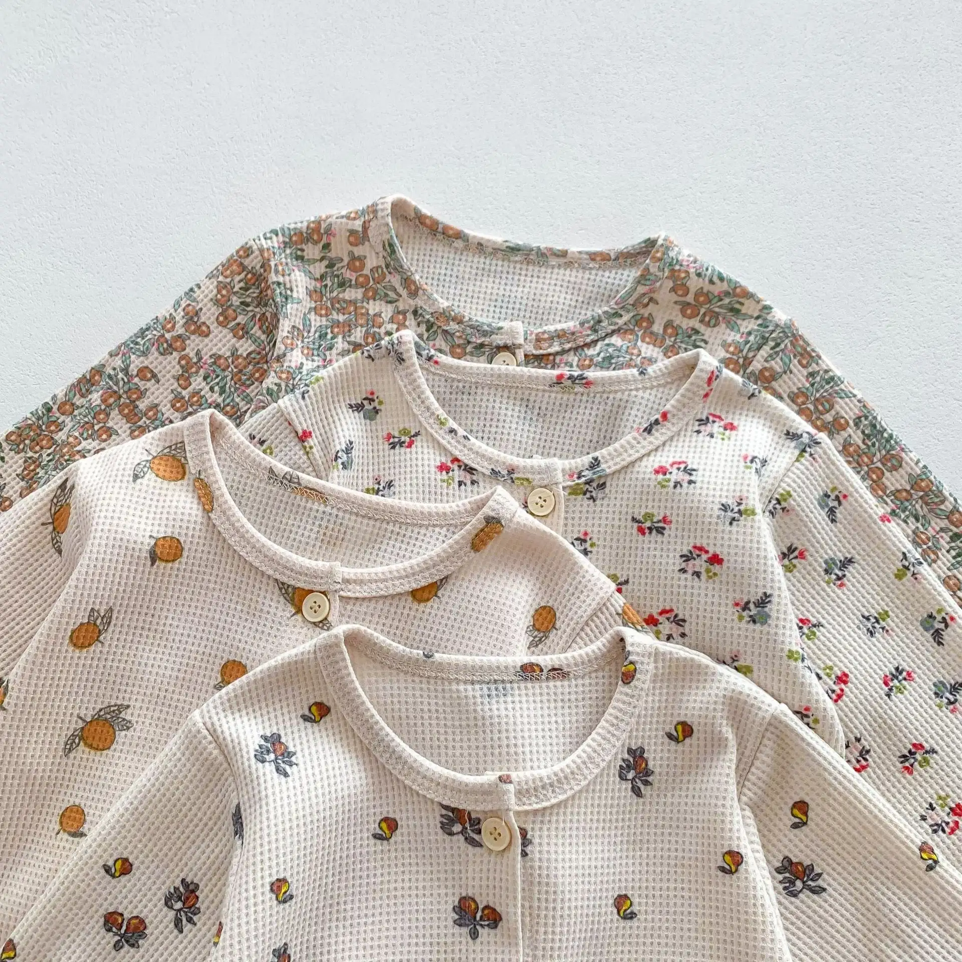 【66-90cm】ワッフル ナチュラル 長袖ロンパース