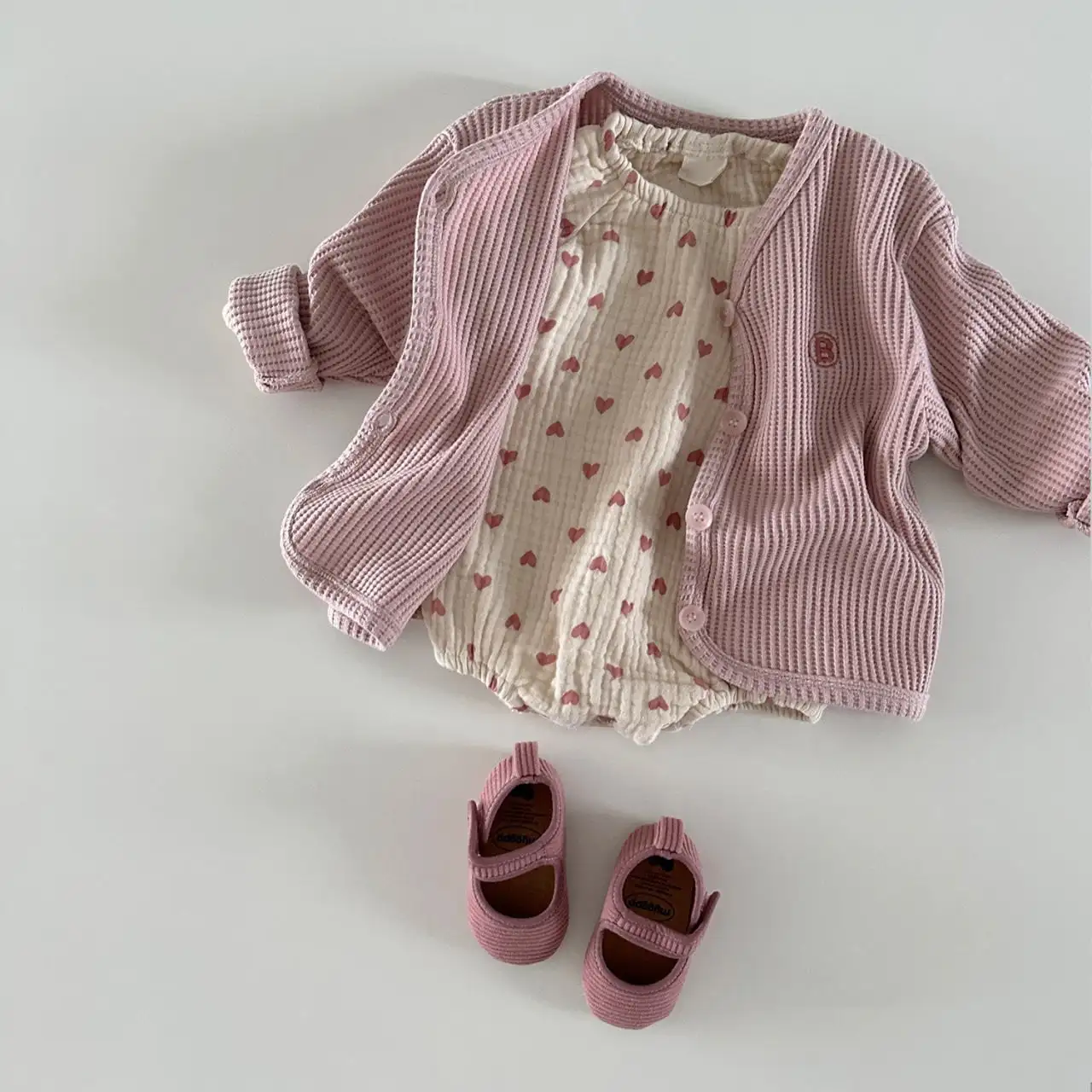 【66-90cm】ナチュラルチェック ハートロンパース