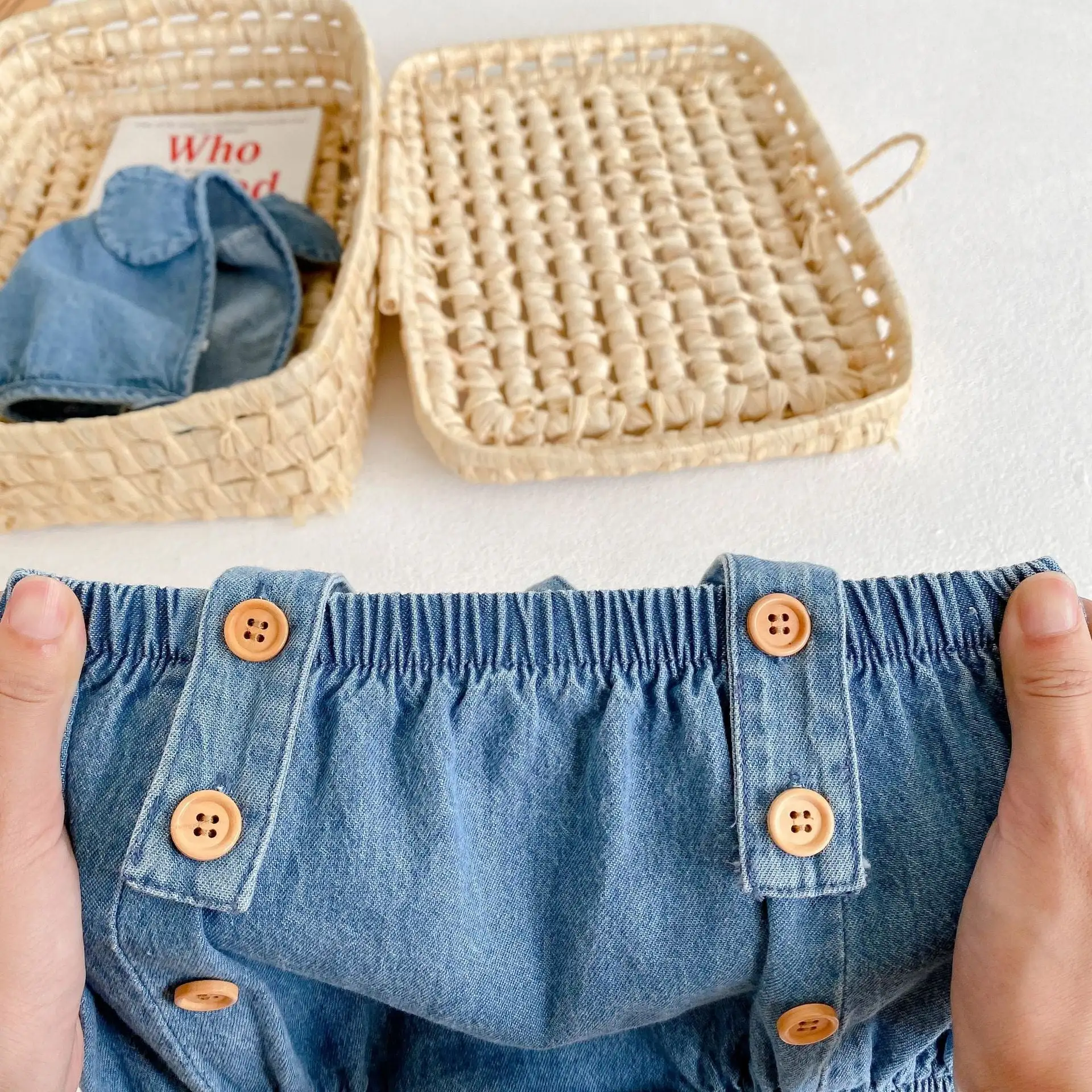 【66-90cm】デニムサロペロンパース&クマ耳帽子