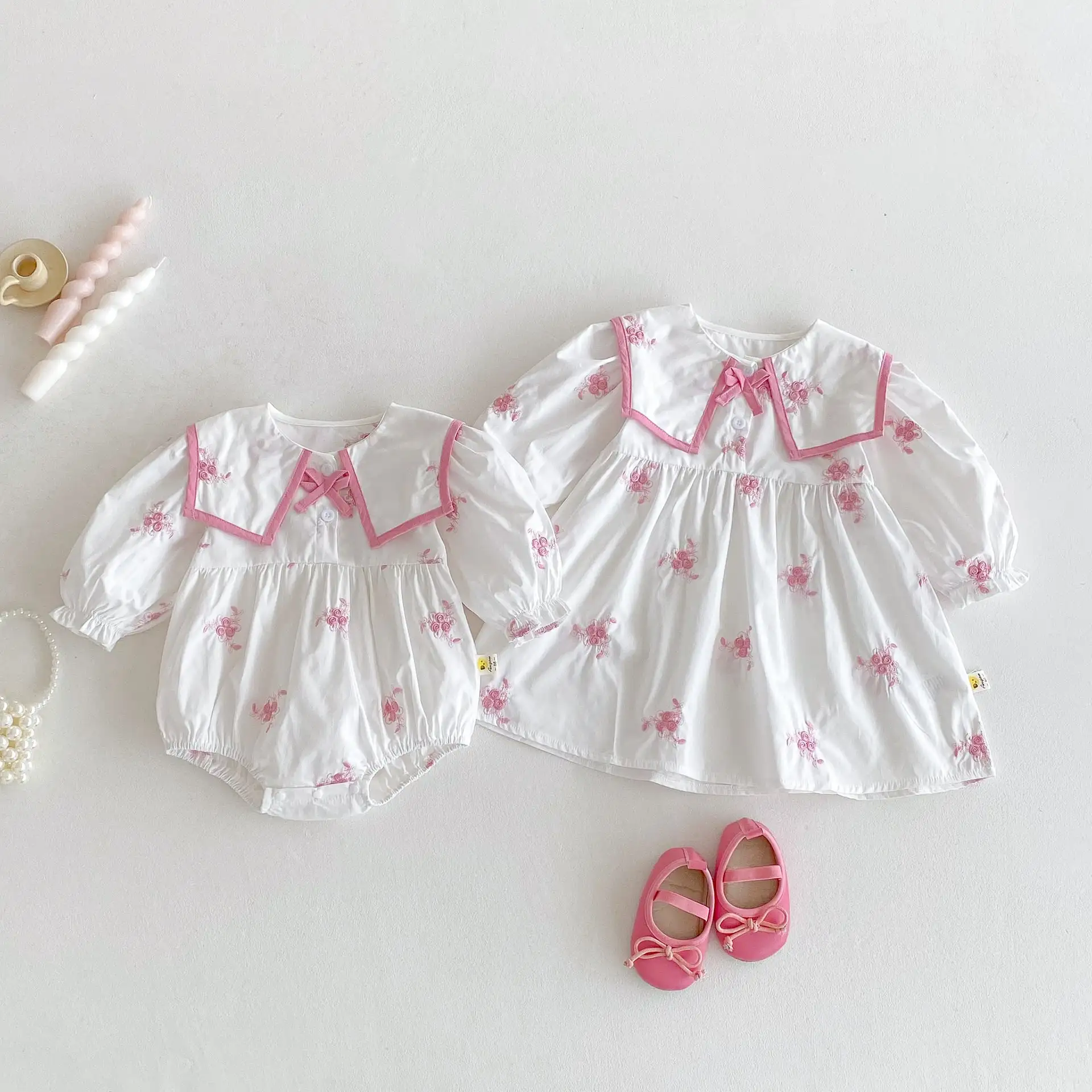 【66-110cm】ピンクフラワー刺繡ロンパース、ワンピース